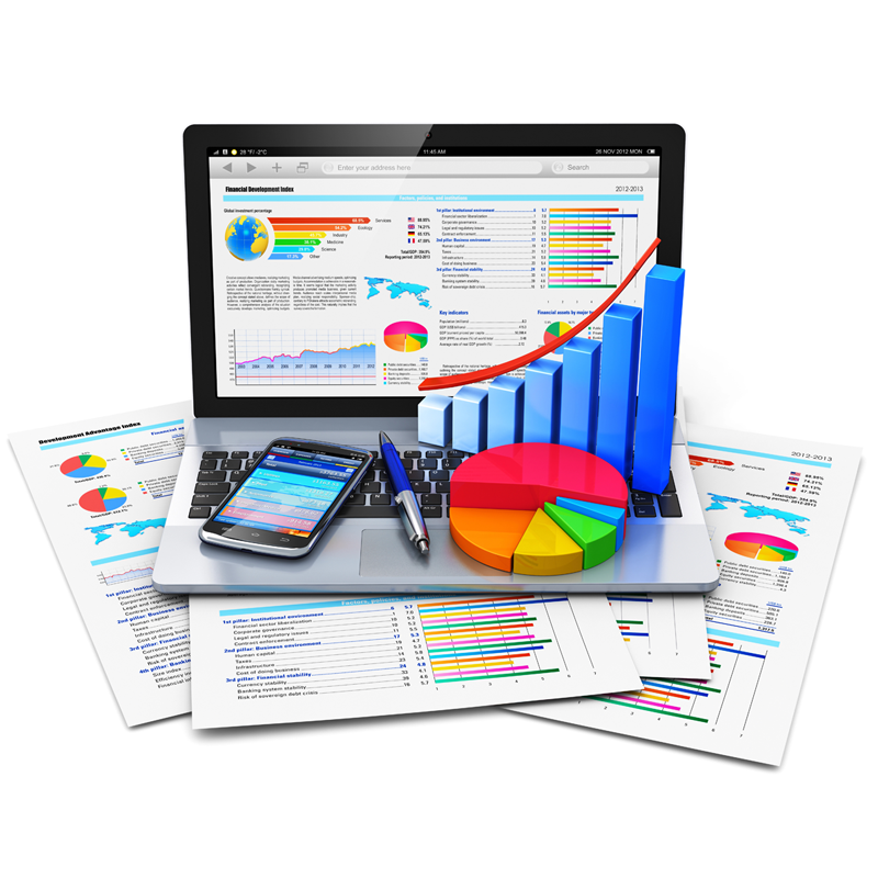 laptop with growth charts and reports